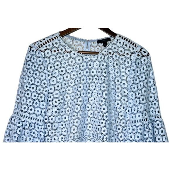 J. Crew Daisy Eyelet Bell Sleeve Blouse Jewel Neck Back Zip Up 10 Baby Blue - Picture 3 of 15